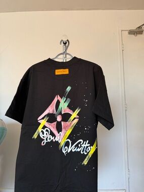 Louis Vuitton Black Graphic Short Sleeve Tee with Pink, Yellow & Green Accents